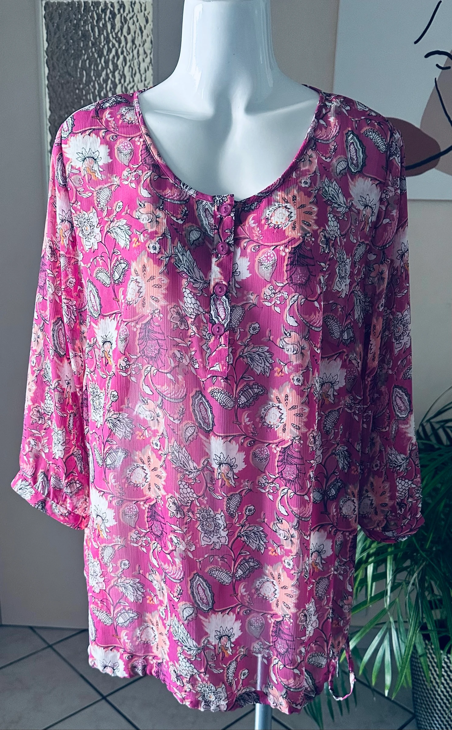 Pink Fuchsia Floral Blouse Damart Size 48 – Excellent Condition – Drawstring Tie – photo 11